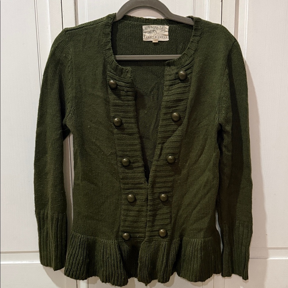 Olivia Moon Dark Olive Green Double-Breasted Peplum Cardigan